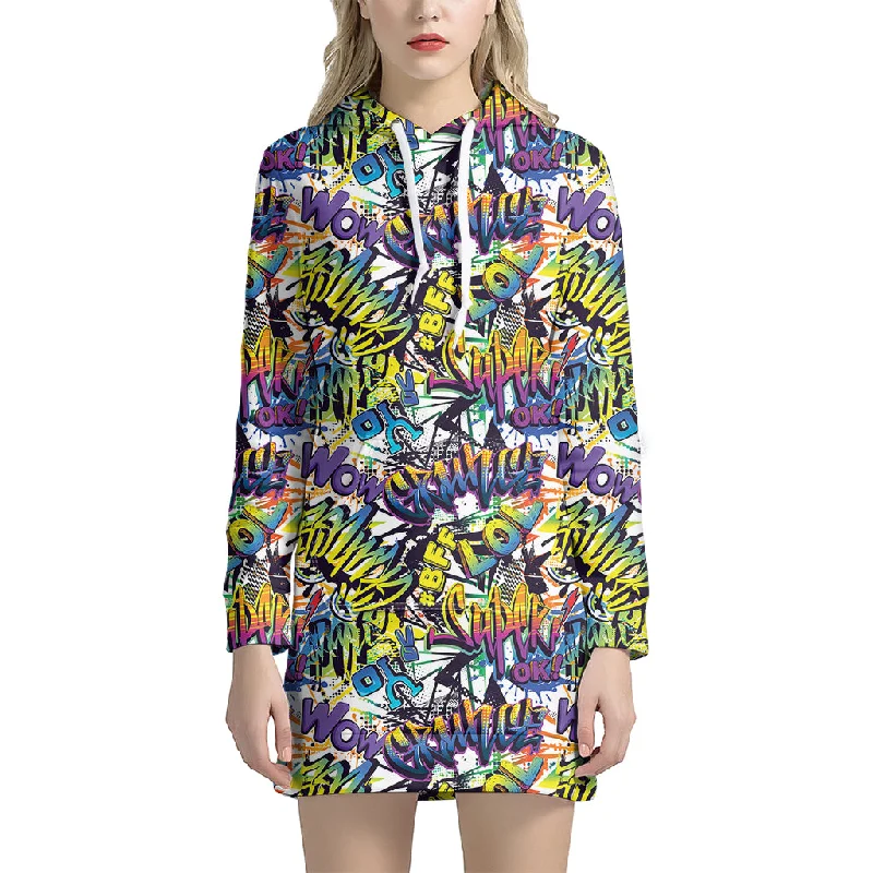 Graffiti Text Pattern Print Pullover Hoodie Dress