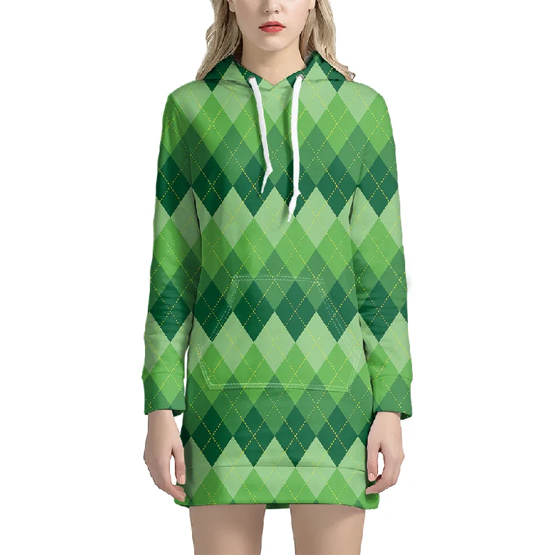 Grass Green Argyle Pattern Print Pullover Hoodie Dress