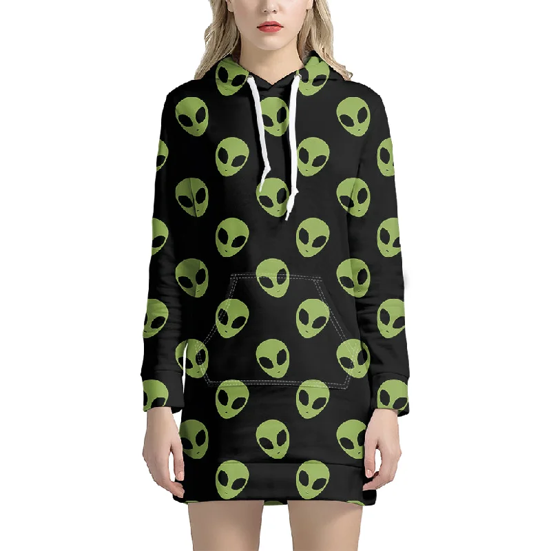 Green Alien Face Pattern Print Pullover Hoodie Dress