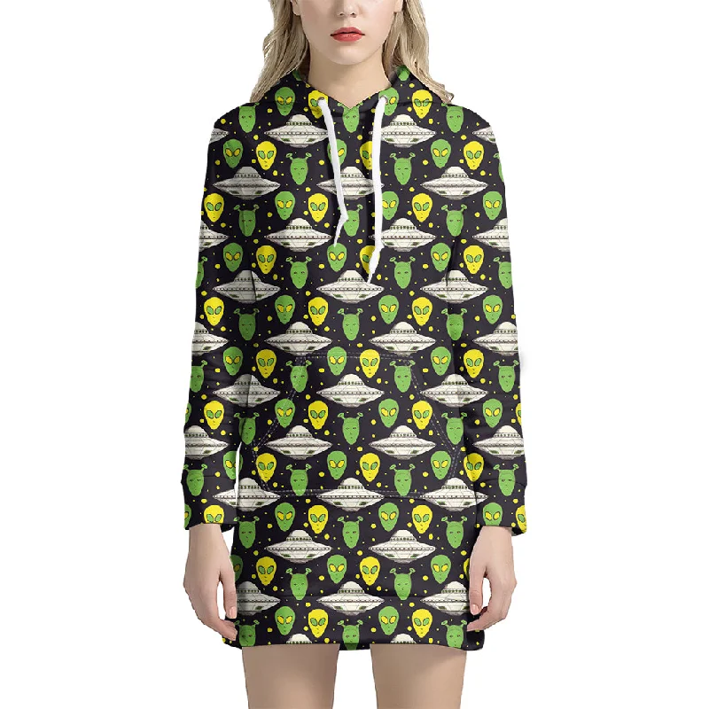 Green Alien UFO Space Print Pullover Hoodie Dress