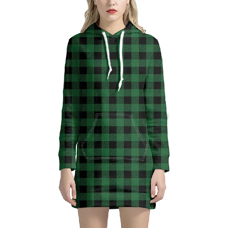 Green And Black Buffalo Check Print Pullover Hoodie Dress