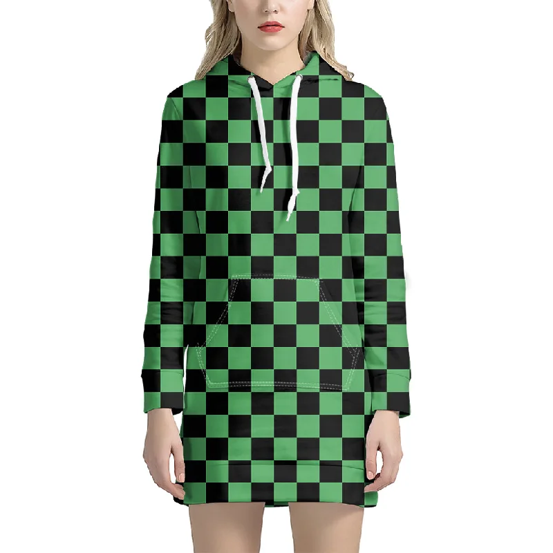 Green And Black Checkered Pattern Print Pullover Hoodie Dress
