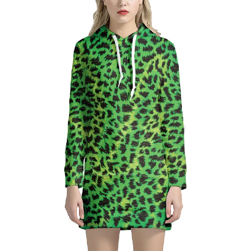 Green And Black Cheetah Print Pullover Hoodie Dress