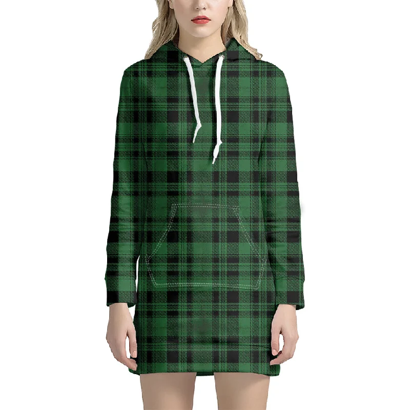 Green And Black Tartan Pattern Print Pullover Hoodie Dress
