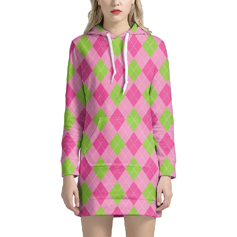Green And Pink Argyle Pattern Print Pullover Hoodie Dress
