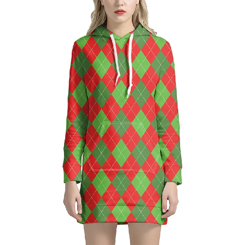 Green And Red Argyle Pattern Print Pullover Hoodie Dress