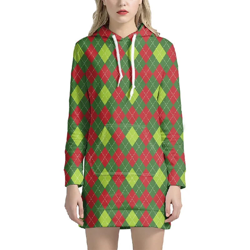 Green And Red Christmas Argyle Print Pullover Hoodie Dress