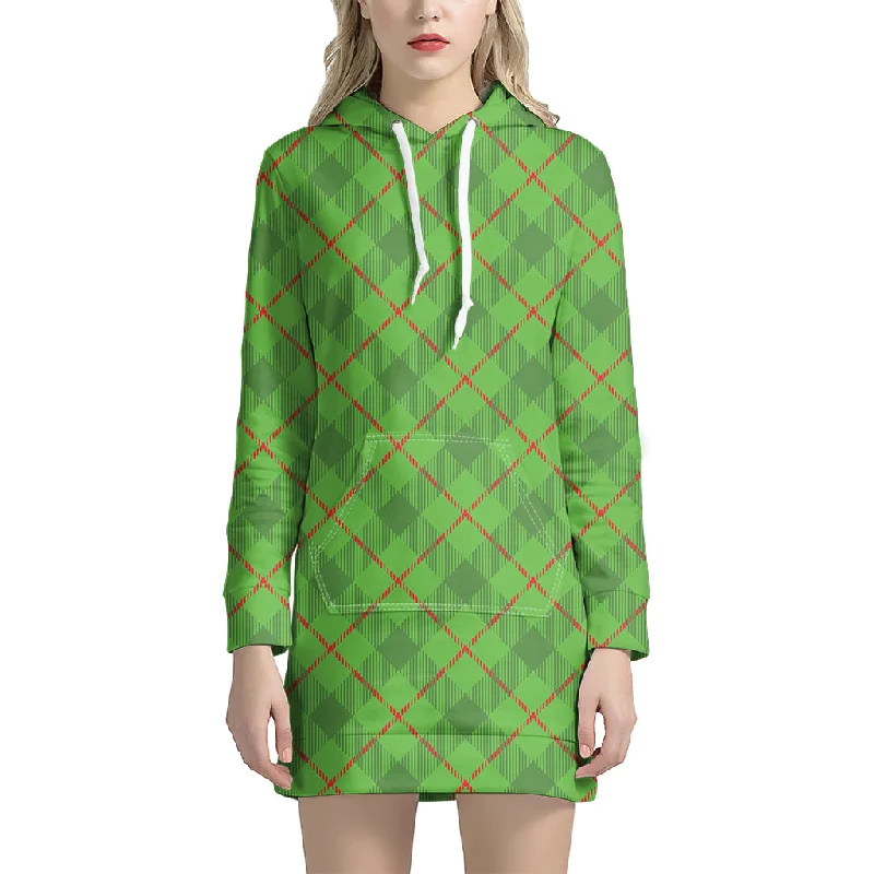 Green And Red Plaid Pattern Print Pullover Hoodie Dress