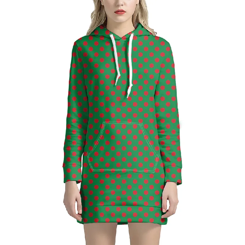 Green And Red Polka Dot Pattern Print Pullover Hoodie Dress