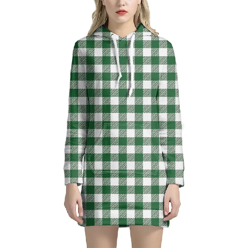 Green And White Buffalo Check Print Pullover Hoodie Dress