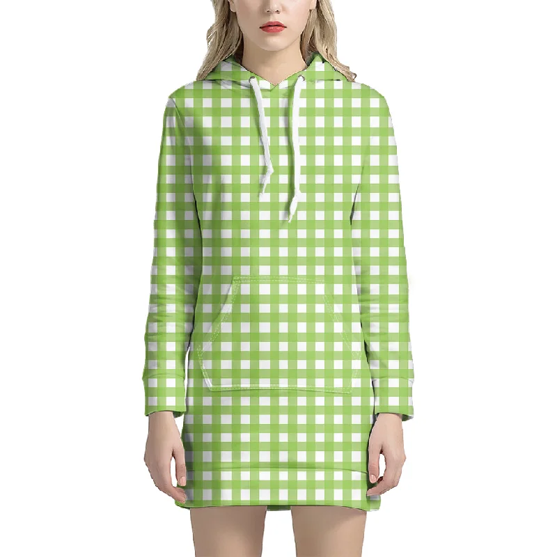 Green And White Check Pattern Print Pullover Hoodie Dress
