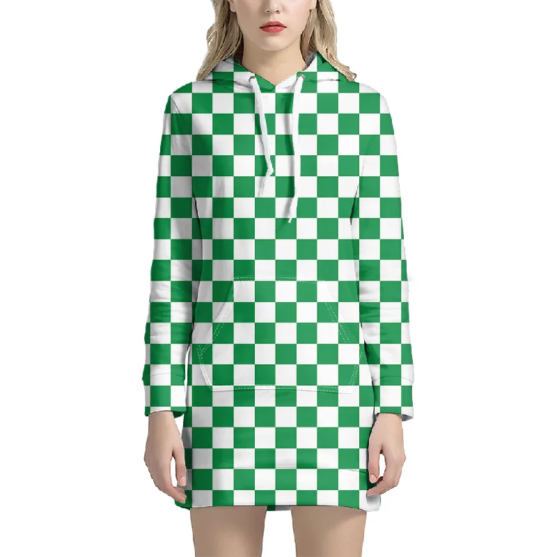 Green And White Checkered Pattern Print Pullover Hoodie Dress