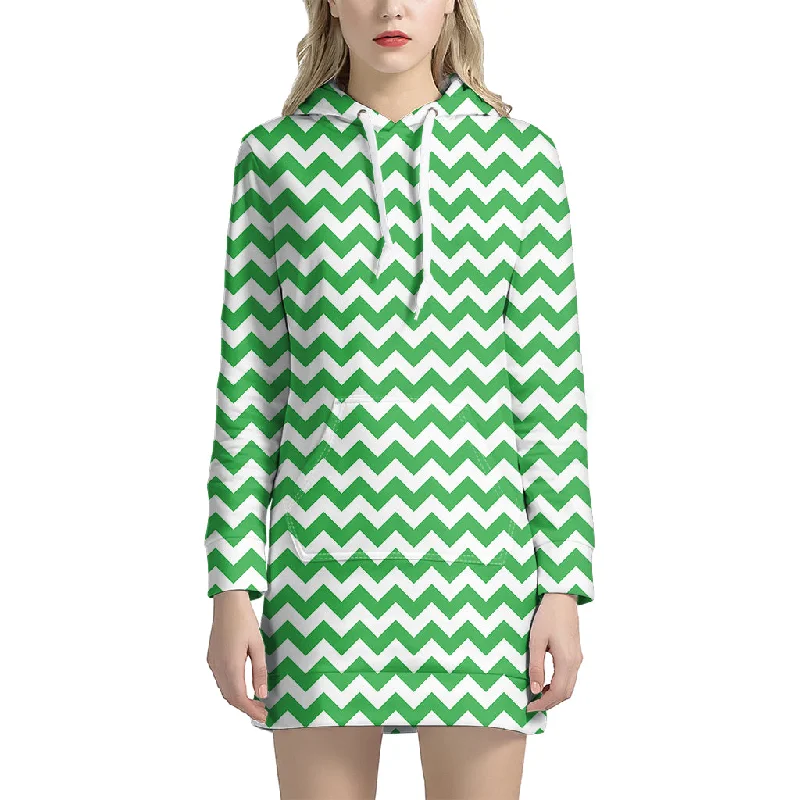 Green And White Chevron Pattern Print Pullover Hoodie Dress