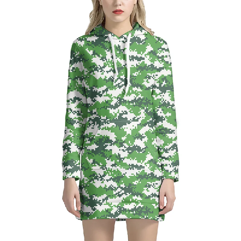 Green And White Digital Camo Print Pullover Hoodie Dress