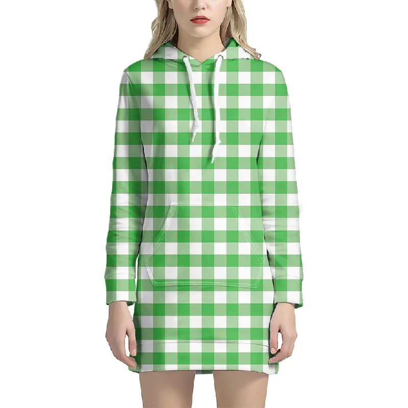 Green And White Gingham Pattern Print Pullover Hoodie Dress