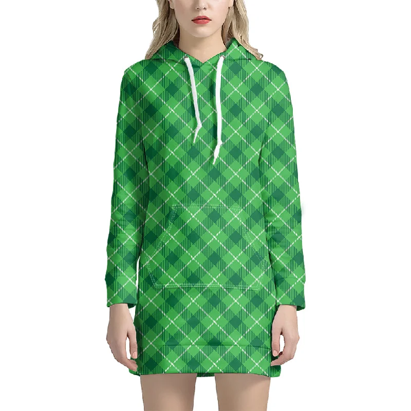 Green And White Plaid Pattern Print Pullover Hoodie Dress