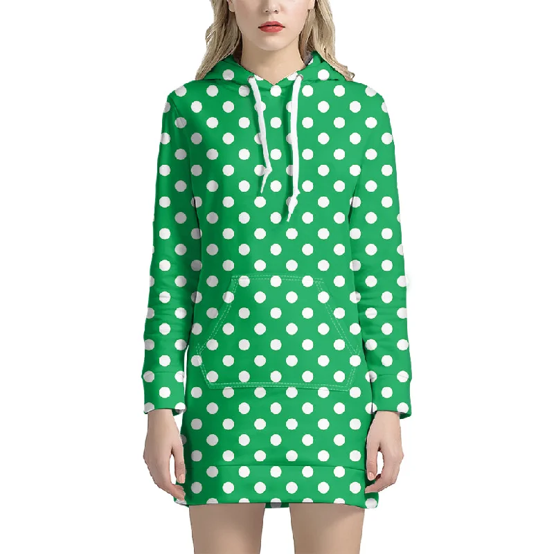 Green And White Polka Dot Pattern Print Pullover Hoodie Dress