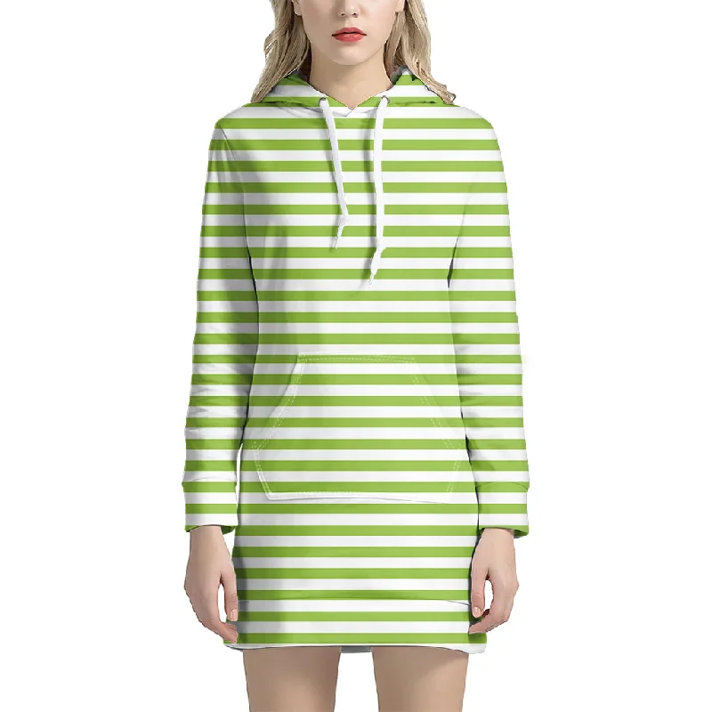 Green And White Striped Pattern Print Pullover Hoodie Dress