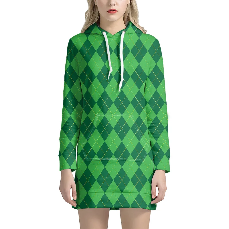 Green Argyle Pattern Print Pullover Hoodie Dress