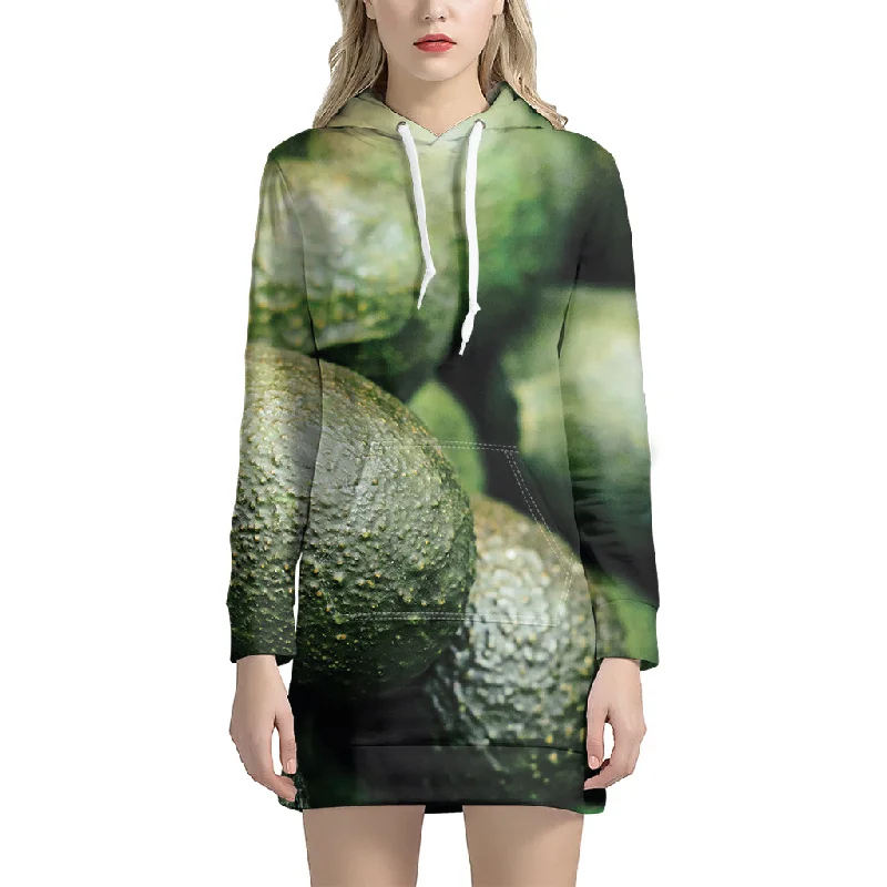 Green Avocado Print Pullover Hoodie Dress