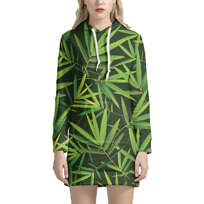 Green Bamboo Leaf Pattern Print Pullover Hoodie Dress
