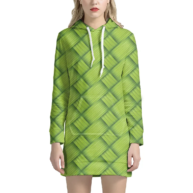 Green Bamboo Print Pullover Hoodie Dress