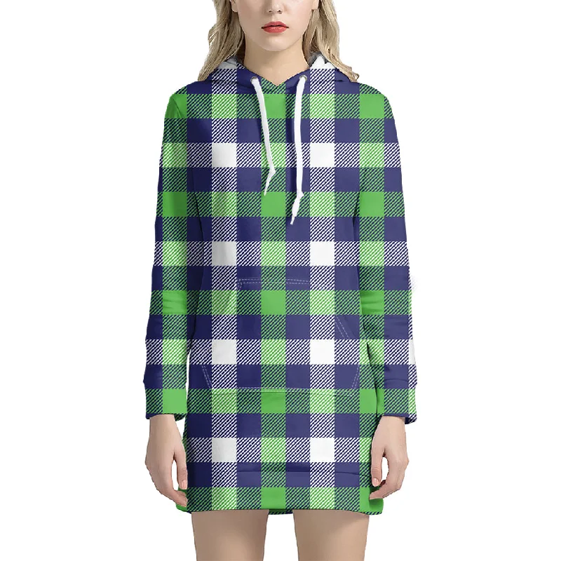 Green Blue And White Buffalo Plaid Print Pullover Hoodie Dress