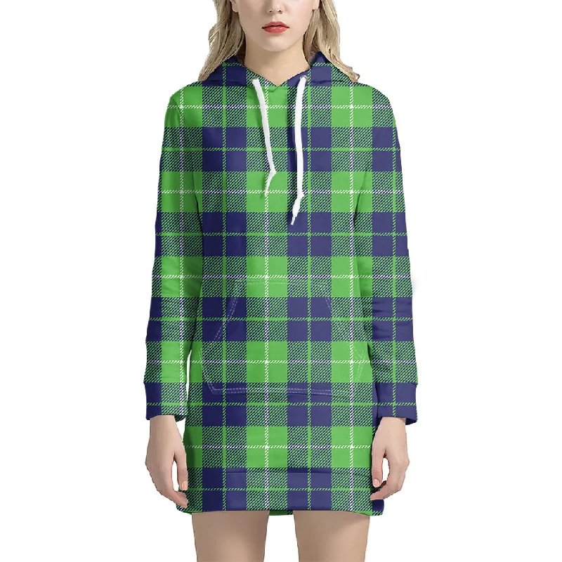 Green Blue And White Tartan Print Pullover Hoodie Dress