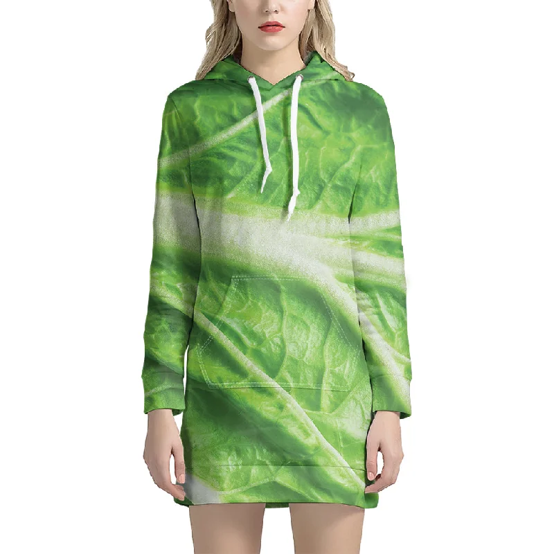 Green Cabbage Leaf Print Pullover Hoodie Dress