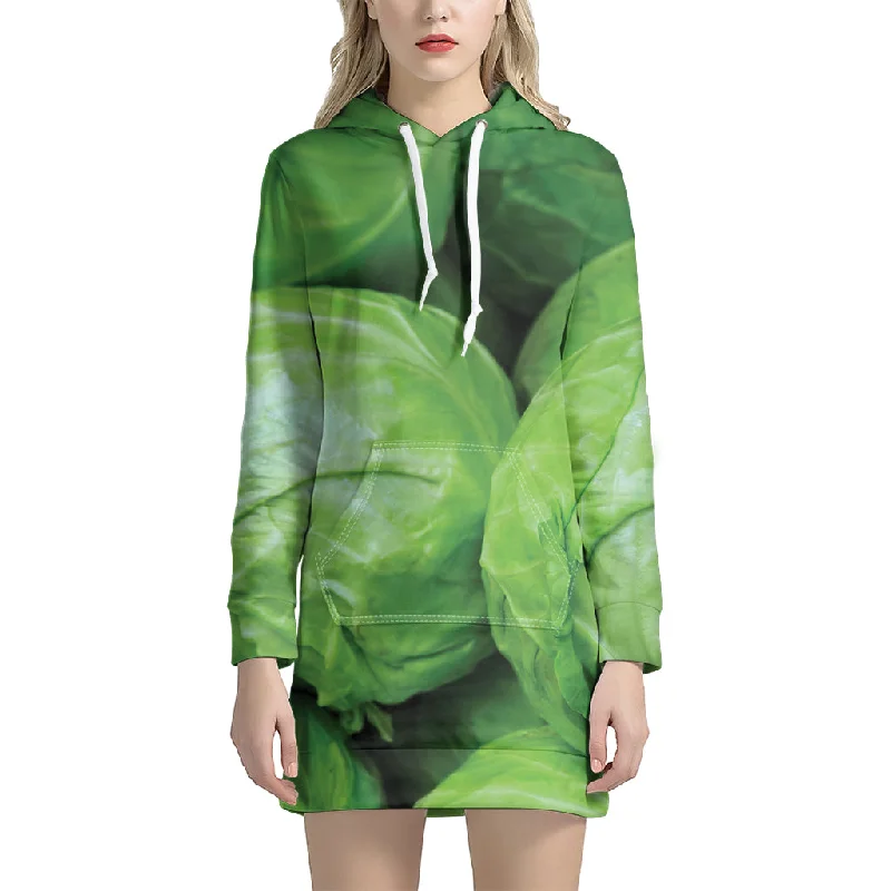 Green Cabbage Print Pullover Hoodie Dress