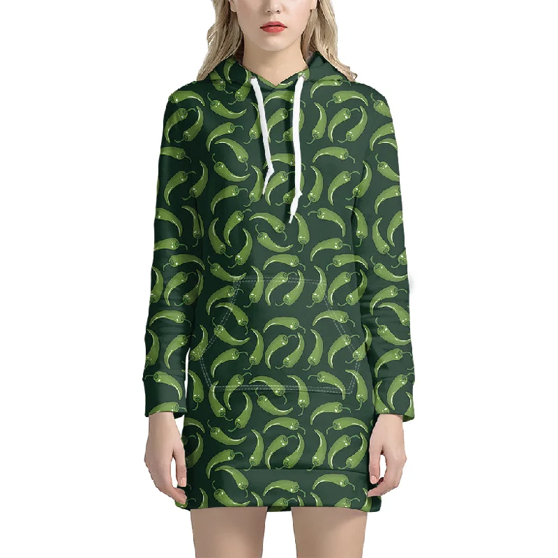 Green Chili Peppers Pattern Print Pullover Hoodie Dress