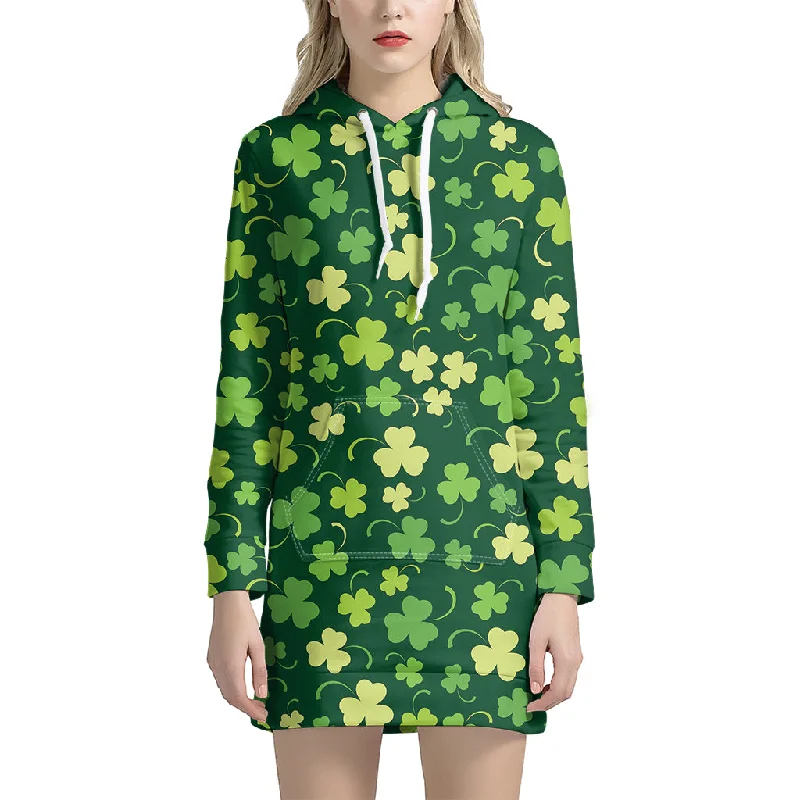 Green Clover Saint Patrick's Day Print Pullover Hoodie Dress