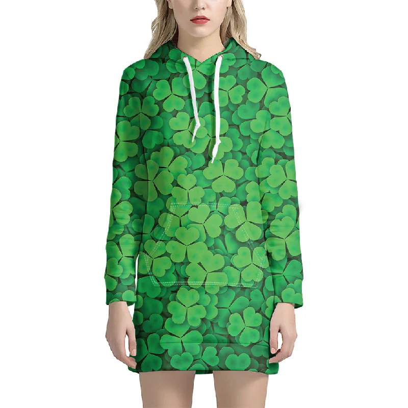 Green Clover St. Patrick's Day Print Pullover Hoodie Dress