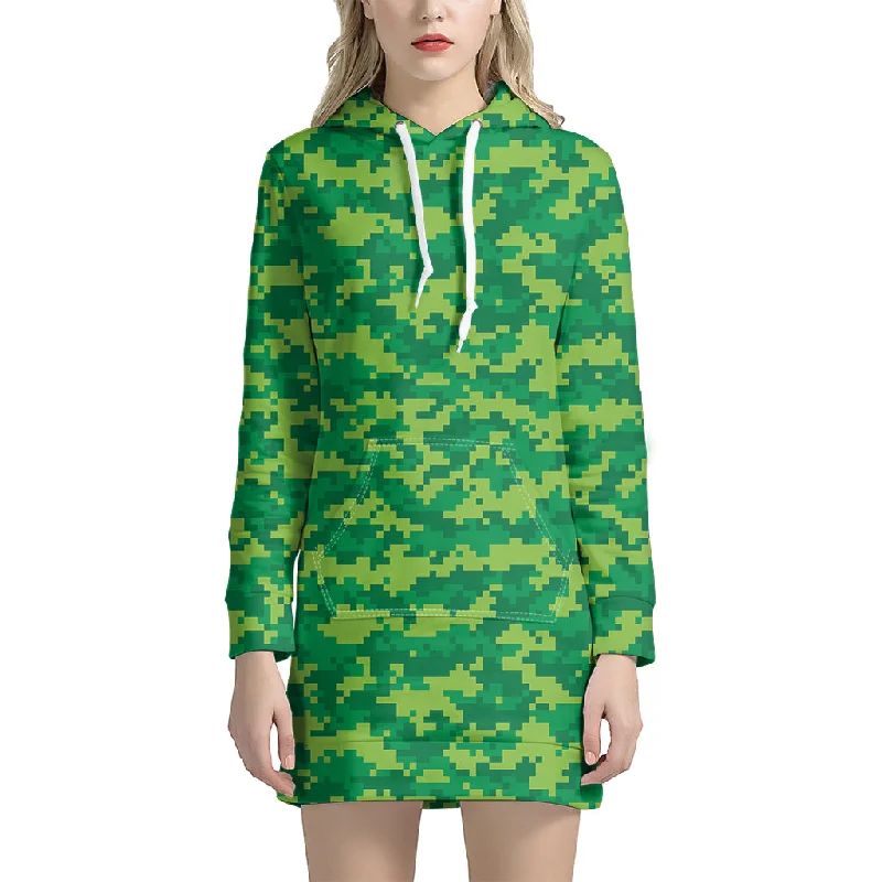 Green Digital Camo Pattern Print Pullover Hoodie Dress