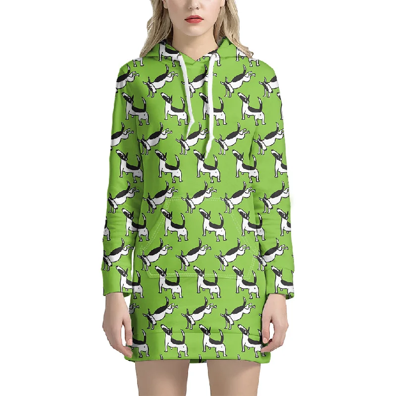 Green Doodle Bull Terrier Pattern Print Pullover Hoodie Dress