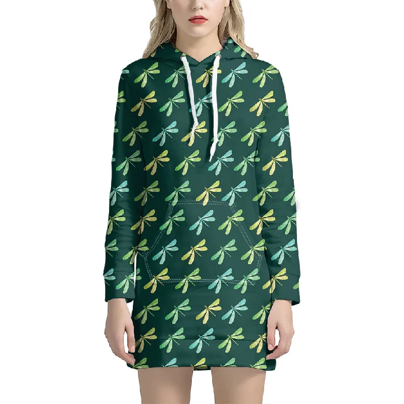 Green Dragonfly Pattern Print Pullover Hoodie Dress