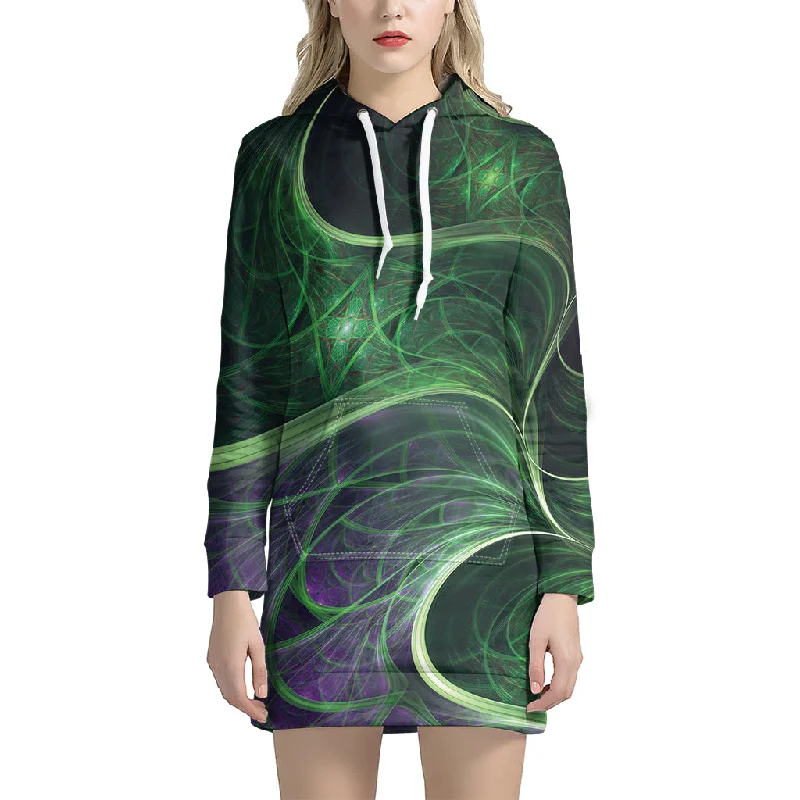 Green Fractal Print Pullover Hoodie Dress