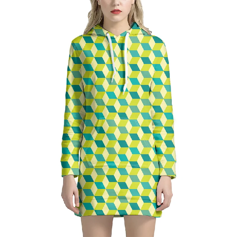 Green Geometric Cube Shape Pattern Print Pullover Hoodie Dress
