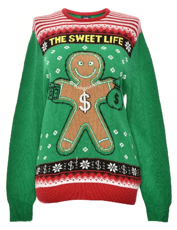 Green Gingerbread Christmas Jumper - M Rayon Fabric Velvet Fabric Corduroy Fabric