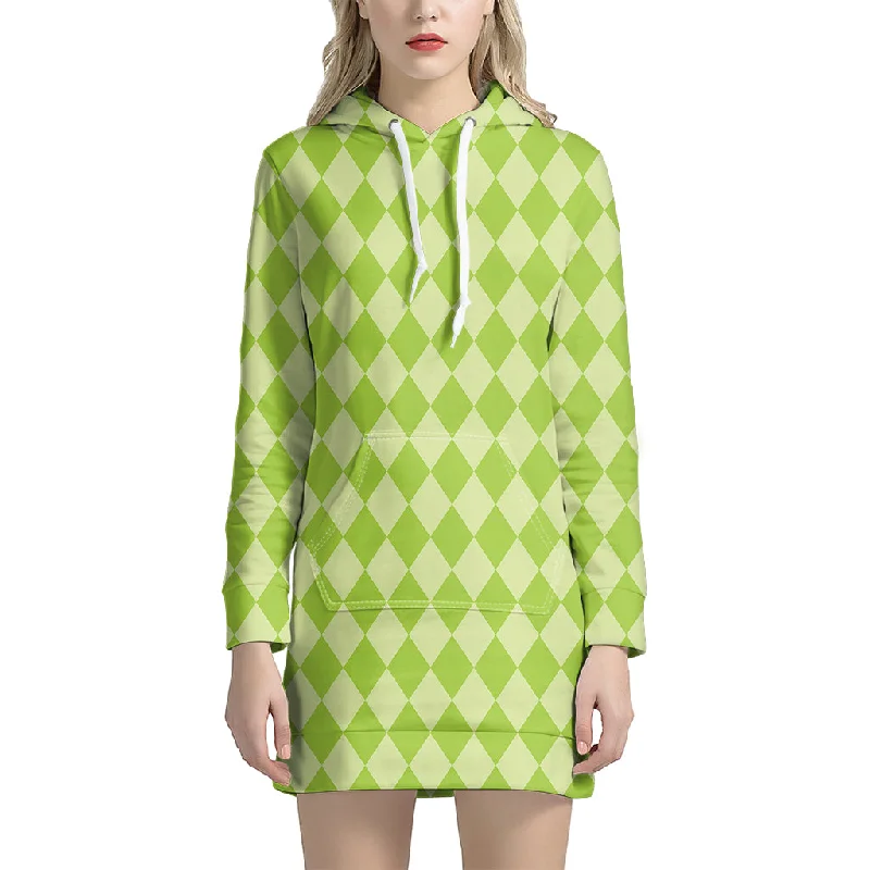 Green Harlequin Pattern Print Pullover Hoodie Dress