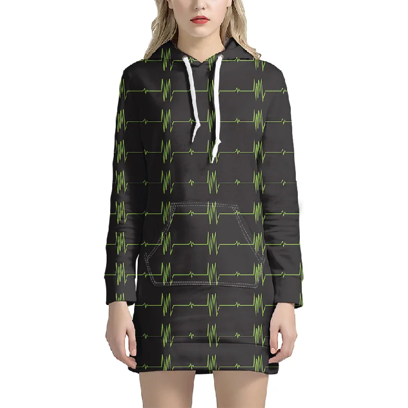 Green Heartbeat Pattern Print Pullover Hoodie Dress