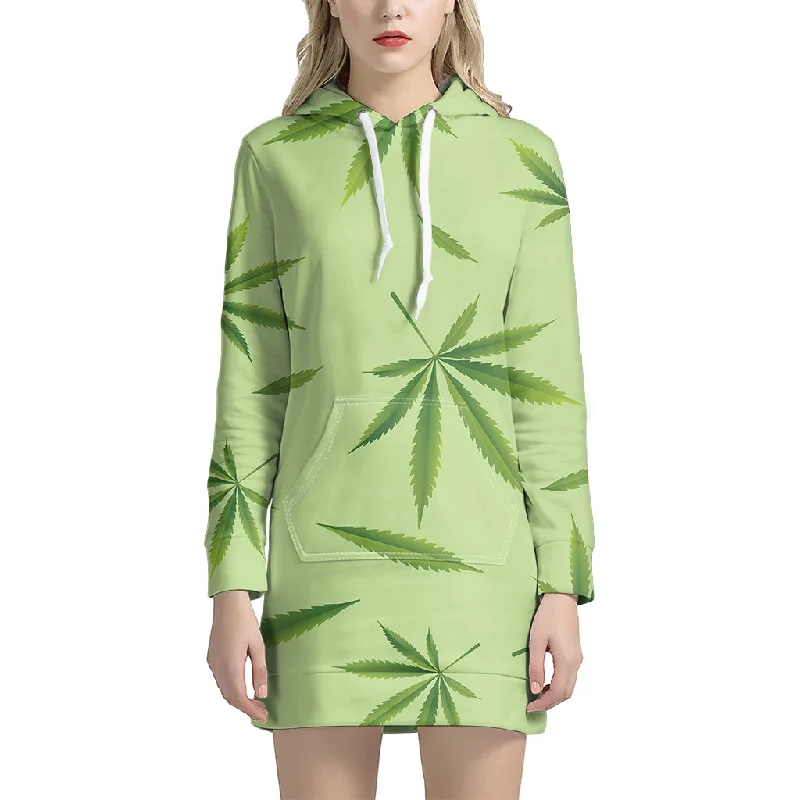 Green Hemp Leaves Pattern Print Pullover Hoodie Dress