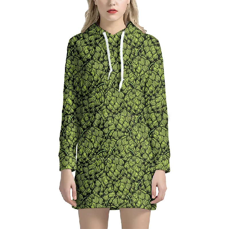 Green Hop Cone Pattern Print Pullover Hoodie Dress