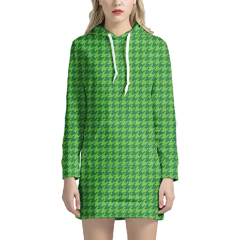 Green Houndstooth Pattern Print Pullover Hoodie Dress