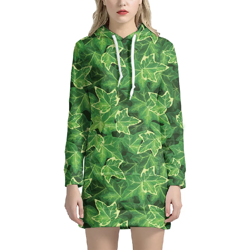 Green Ivy Leaf Pattern Print Pullover Hoodie Dress