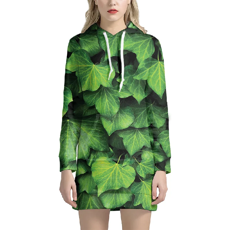 Green Ivy Leaf Print Pullover Hoodie Dress