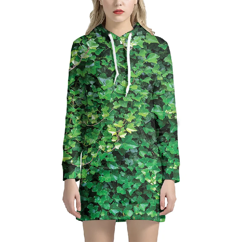 Green Ivy Wall Print Pullover Hoodie Dress