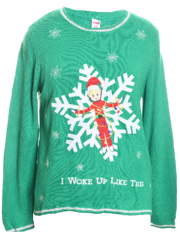 Green Knit Christmas Jumper - L Spandex Rayon Corduroy