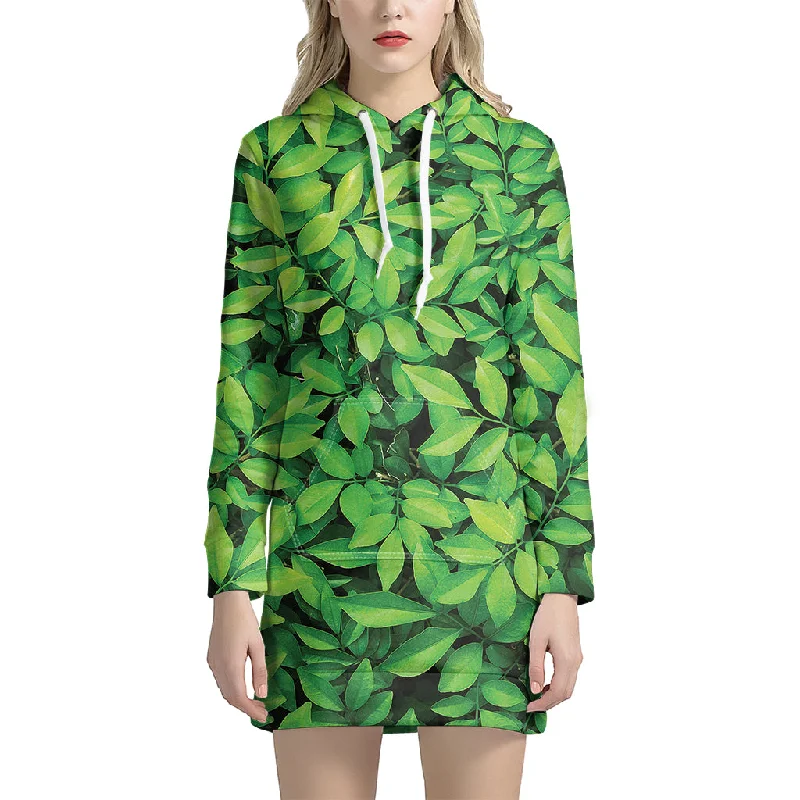 Green Leaf Print Pullover Hoodie Dress