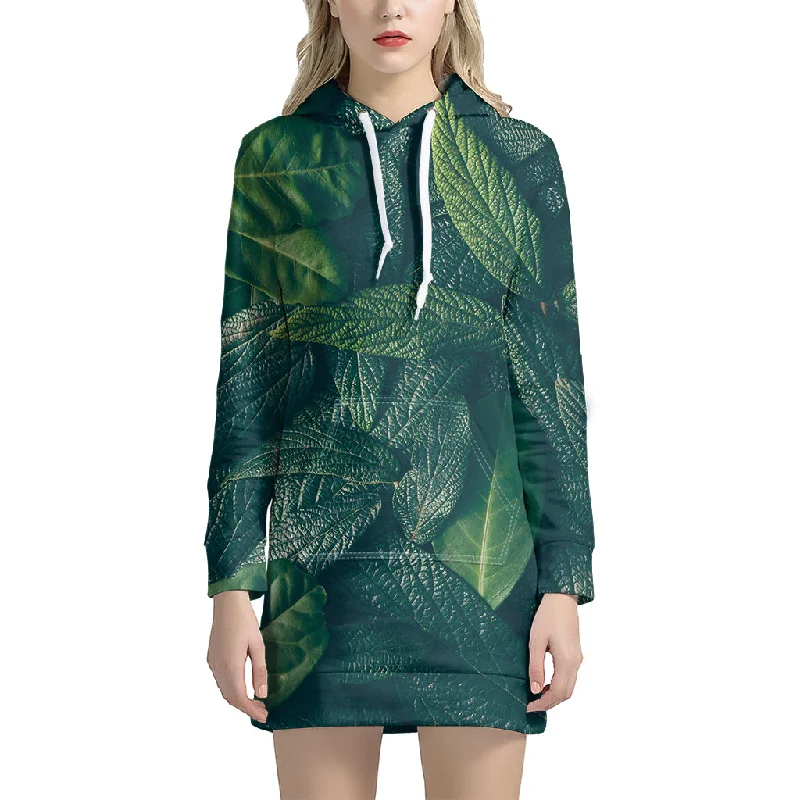 Green Leaves Print Pullover Hoodie Dress